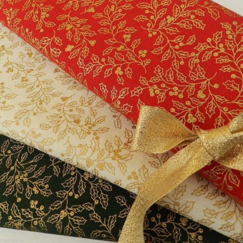 3 piece FAT QUATER BUNDLE Gold Holly Leaf