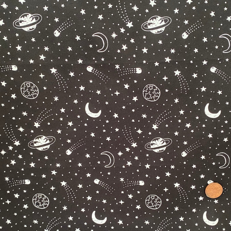 Outer Space shooting stars black 100% cotton fabric, sold per 1/2 metre, 112cm wide