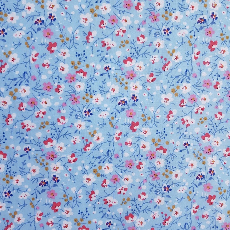 Pretty Wild Flowers Pale Blue poly cotton fabric, sold per 1/2 metre, 112cm wide