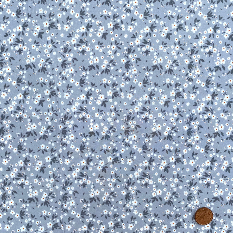 Lobelia Silver colour mini floral design 100% cotton poplin fabric, per 1/2 metre