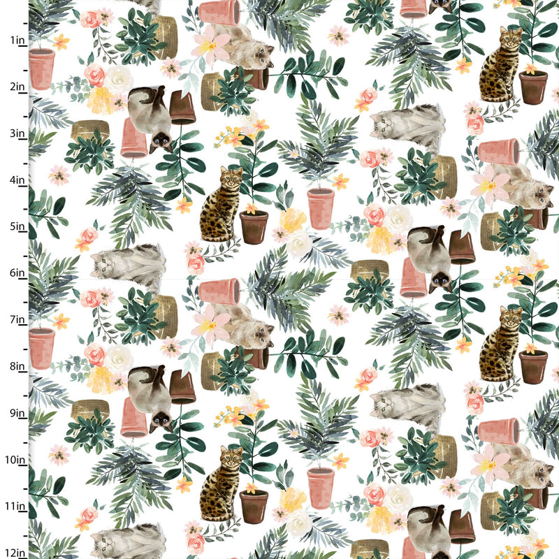 Every Day is Caturday with plants cotton fabric