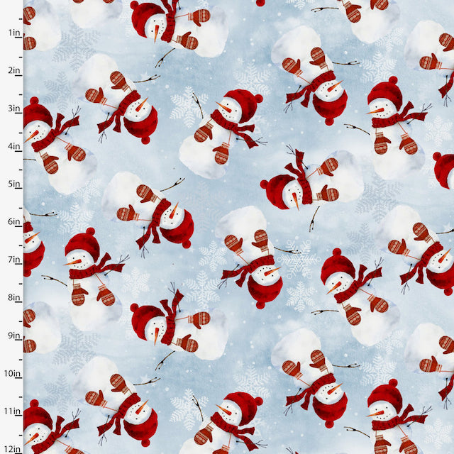 Christmas fabric, blue background with snowmen 100% cotton