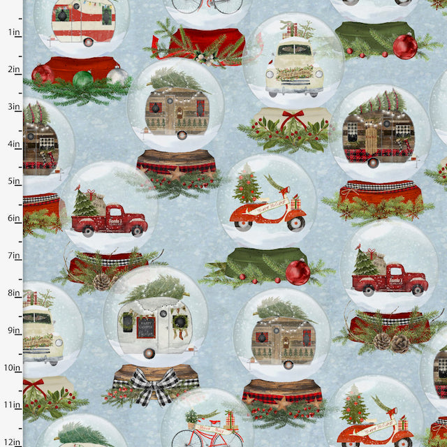 Christmas fabric, snow globes design on pale blue  background, 100% cotton fabric