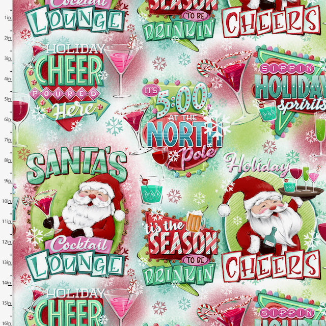 Christmas fabric holiday spirits, Santas North Pole Lounge,  100% Cotton, sold per half metre,112cm wide
