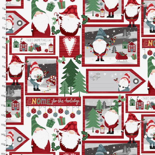 3 wishes cotton Christmas fabric with gnomes, christmas trees in a variety of  Christmas scenes
