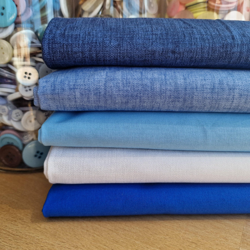 Linen Texture Blues Quilting Cotton 5 Piece Fat Quarter Bundle 100% Cotton Fabric