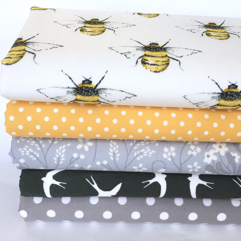 Bees & birds 5 piece 100% cotton fabric Half Metre Bundle