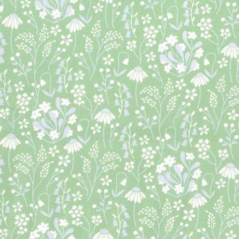 Snowdrops & daisies green 100% cotton poplin fabric, sold per 1/2 metre, 112cm wide