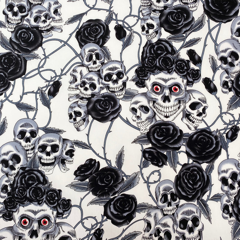 Ivory & black Skulls & Roses, Cotton Fabric sold per  Half Metre, 112cm wide
