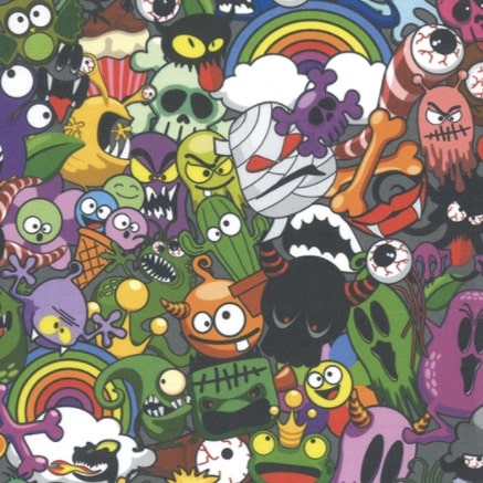 Halloween Rainbow Monsters 100% cotton fabric, 148cm wide, Made in uk