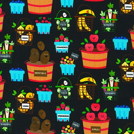 Farm to Table, baskets of vegetables on black by  Robert Kaufman, 100% cotton fabric