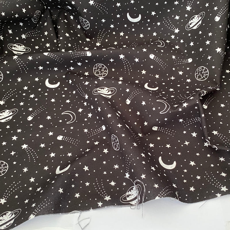 Outer Space shooting stars black 100% cotton fabric, sold per 1/2 metre, 112cm wide