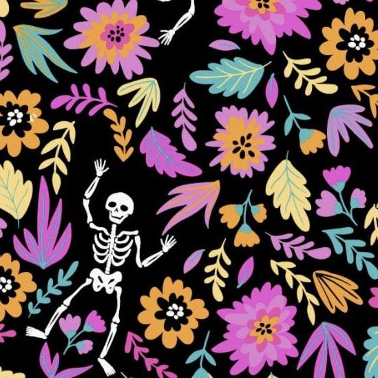 Black & pink halloween skeletons polycotton fabric