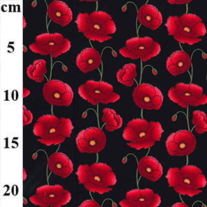 Centenary Poppies,  Black 100% Cotton Fabric, sold per Half Metre, 112cm wide