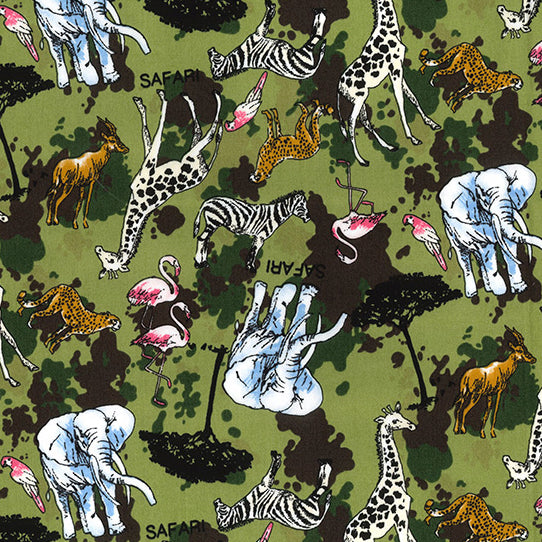 Green Safari design 100% cotton poplin fabric, sold per 1/2 metre, 112cm wide