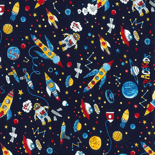 Space Kids Navy  blue 100% Cotton Fabric Sold Per 1/2 Metre 112cm Wide by Rose & Hubble