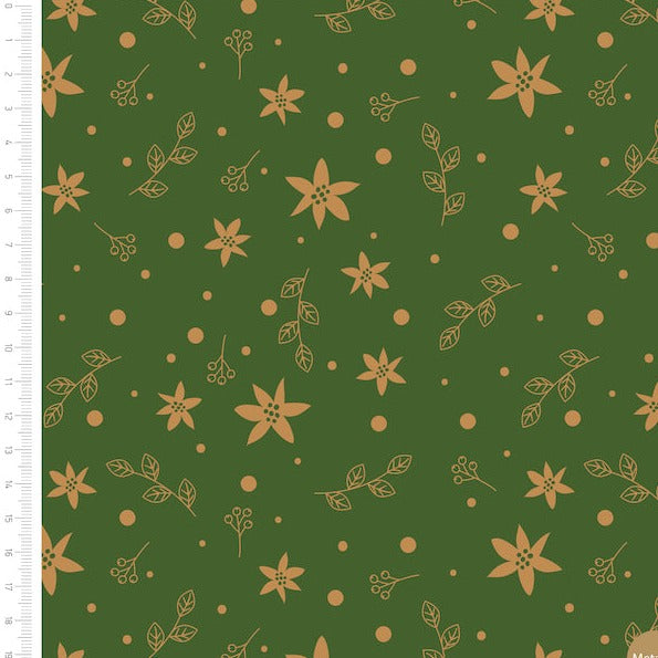 Classic Christmas poinsettia sprigs on green 100% cotton fabric sold per half metre,