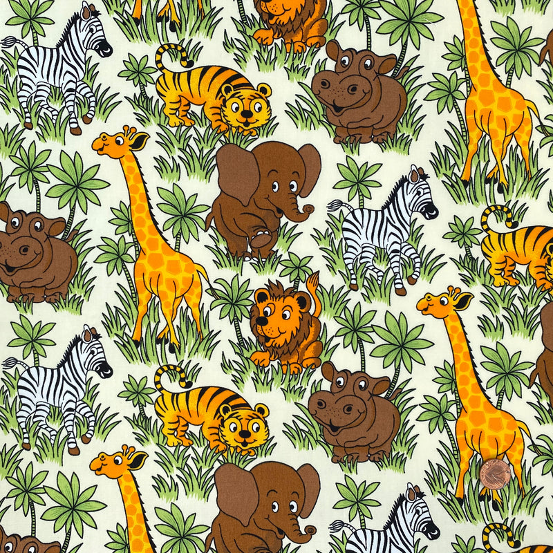Children's Jungle Animals Fabric 100% Cotton Sold Per 1/2 Metre 112cm Wide