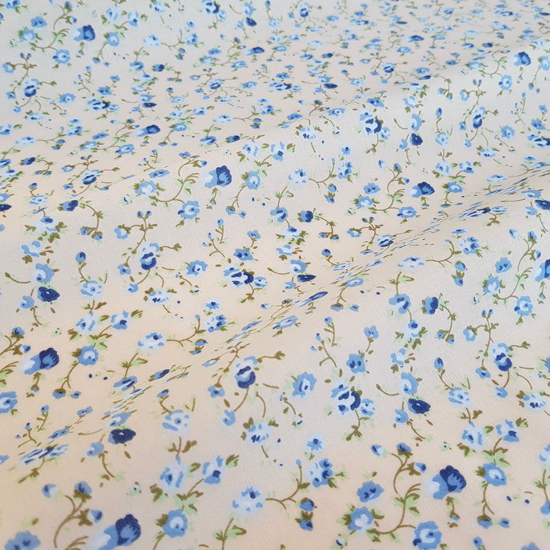 Alana Cream & Blue Floral Polycotton fabric per 1/2metre 112cm wide