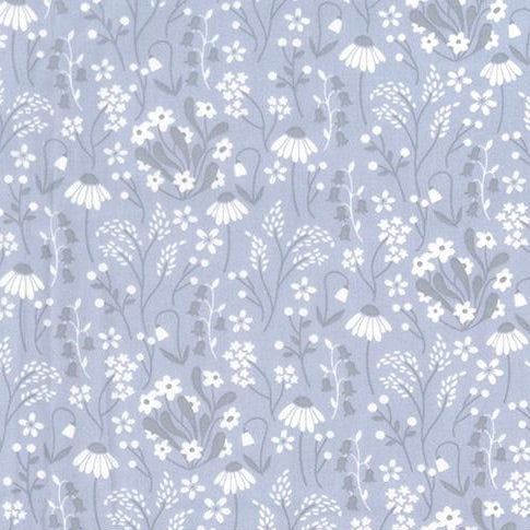 Snowdrops & daisies silver 100% cotton poplin fabric, sold per 1/2 metre, 112cm wide