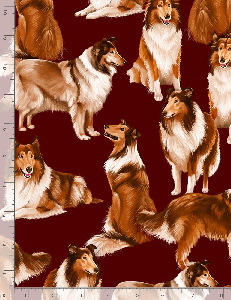 Collie Dogs Mauroon  100% Premium Cotton by Timeless Treasures Per 1/2 Metre