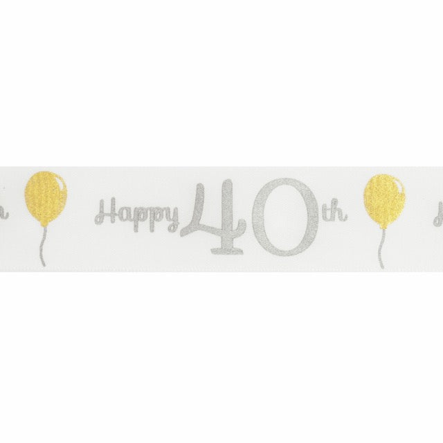 Special Age Birthday White Satin 25mm Ribbon - 40th