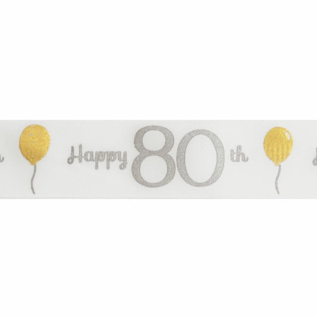 Special Age Birthday White Satin 25mm Ribbon- 80th