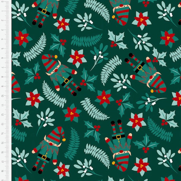 Christmas Gnomes Elves & foliage 100% cotton fabric, sold per half metre