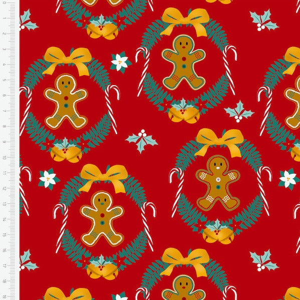 Christmas Gnomes Gingerbread Wreaths 100% cotton fabric, sold per half metre