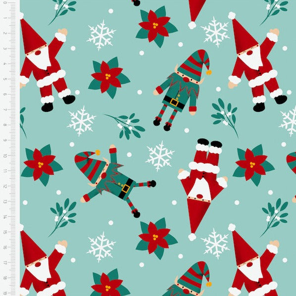 Christmas Gnomes Santa & Elves 100% cotton fabric, sold per half metre