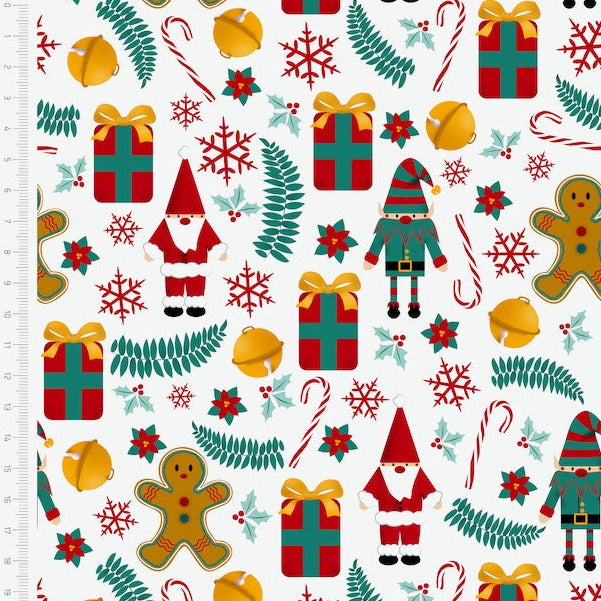 Christmas Gnomes Everyone Together 100% cotton fabric, sold per half metre