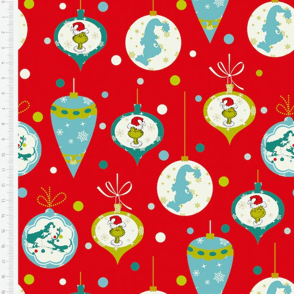 The Grinch 100% Cotton Christmas fabric, red with baubles design