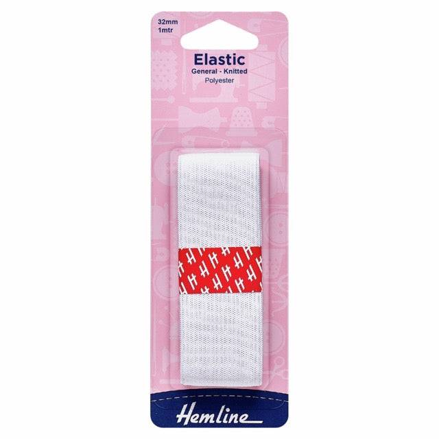 32mm x 1m General Purpose Knitted Elastic - White