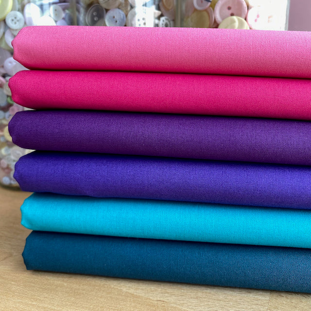 Party Girl, plain pink, purples & blue 6 piece blender fat quarter bundle, 100% cotton fabric, Ideal for patchwork