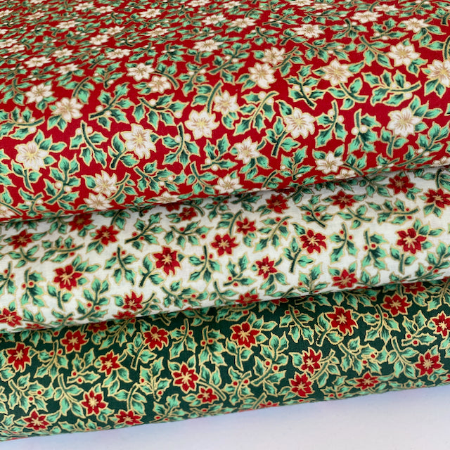 Mini Poinsettia Christmas metallic fabrics, ivory & green 100% cotton 58 inches wide