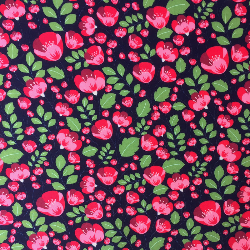 Navy blue, pink & red poppies 100% Cotton Fabric, sold per Half Metre, 112cm wide