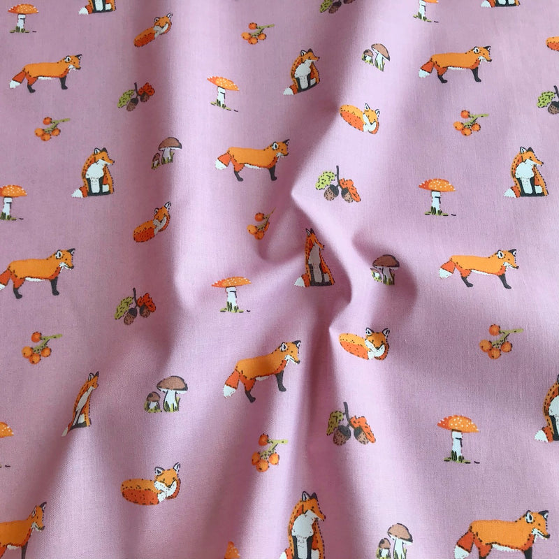 Vintage Pink Woodland Fox Fabric Poly-cotton Per 1/2 Metre 112cm Wide