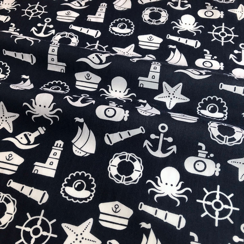 Navy Nautical Octopus and Submarine Polycotton Fabric Per 1/2 Metre 112cm Wide