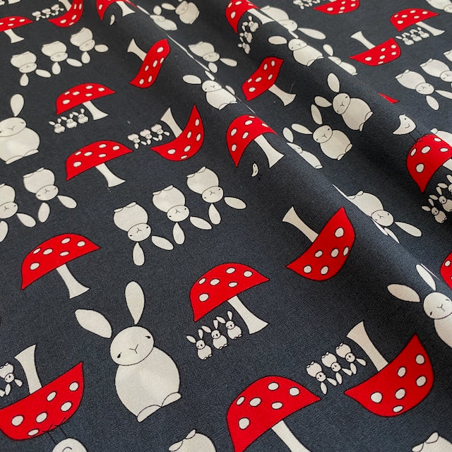 Grey Bunny & Toadstools' children's 100% cotton poplin fabric, per half metre