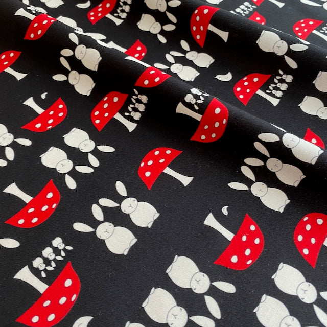 Black Bunny & Toadstools' children's 100% cotton poplin fabric, per half metre