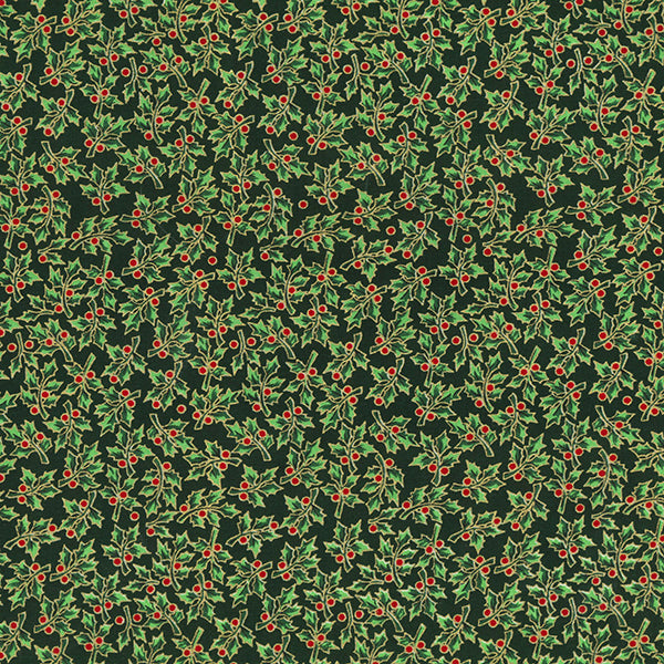 Green & gold small Christmas holly cotton fabric