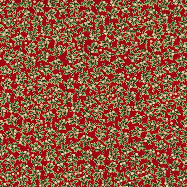 Red & gold metallic Christmas holly design cotton fabric