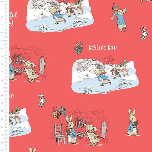 Peter Rabbit red Christmas fabric with festive fun writing & Peter rabbit hanging his stocking