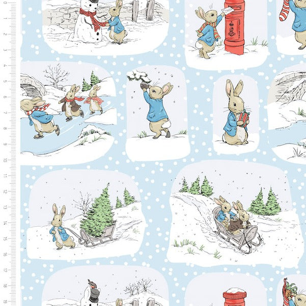 Peter rabbit pale blue cotton fabric with snowflakes , red post boxes, sledging & Christmas trees