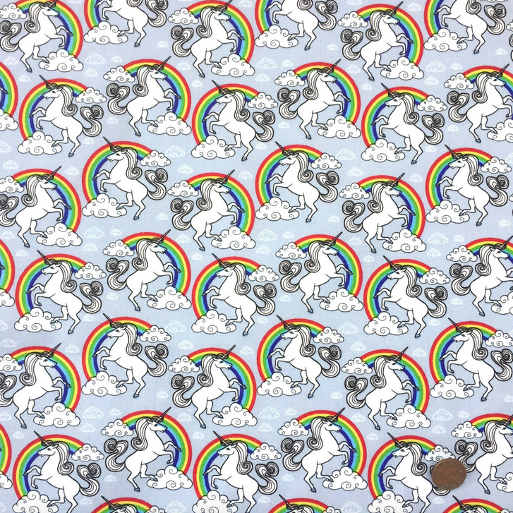 Rainbows & Unicorns silver coloured 100% Cotton Poplin Fabric 112cm wide per 1/2 metre