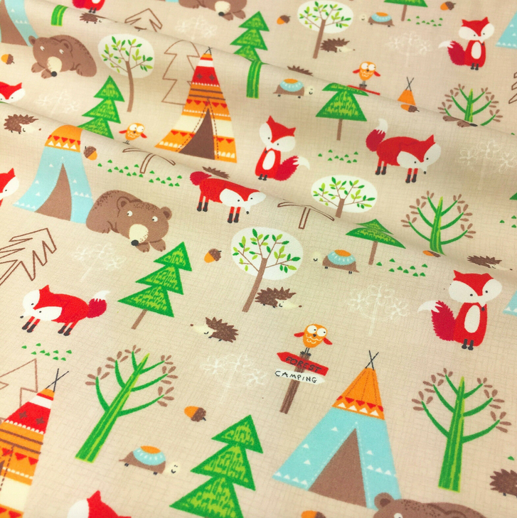 Camping in the Forest Beige colour 100% Cotton Fabric