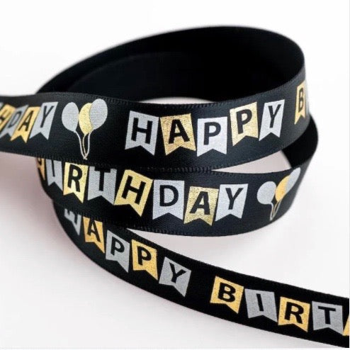 Black happy birthday ribbon 5m roll