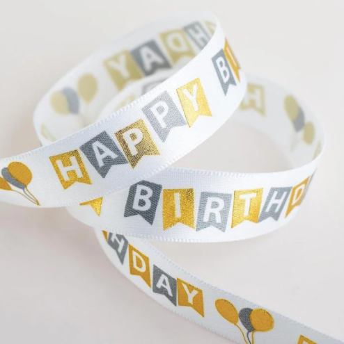 White happy birthday ribbon 5m roll