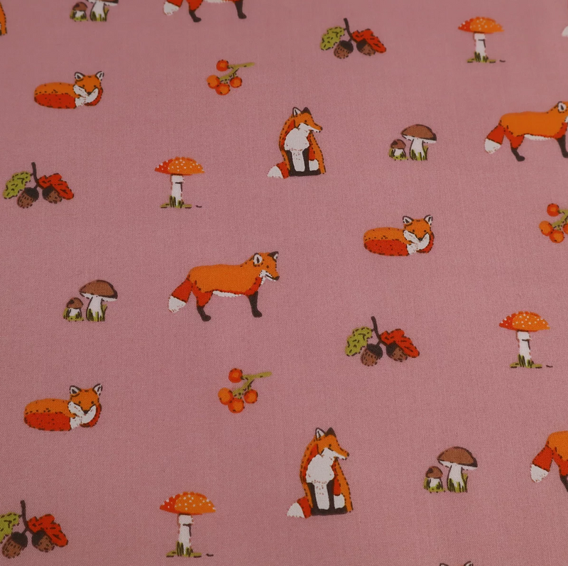 Vintage Pink Woodland Fox Fabric Poly-cotton Per 1/2 Metre 112cm Wide