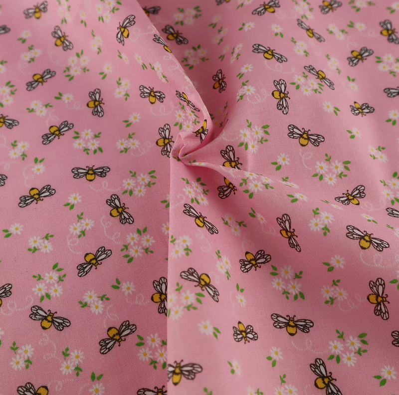 Pretty little bees Pink polycotton fabric, sold per 1/2 metre 112cm wide